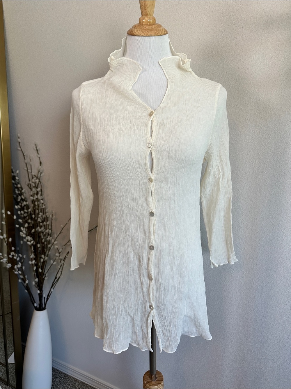 Eileen Fisher Silk Cream Ruffle Stand-Collar Button-Down Top